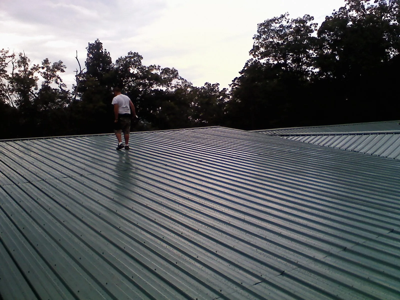 Roofer walking a wide expanse of new green metal roofing in Rockton