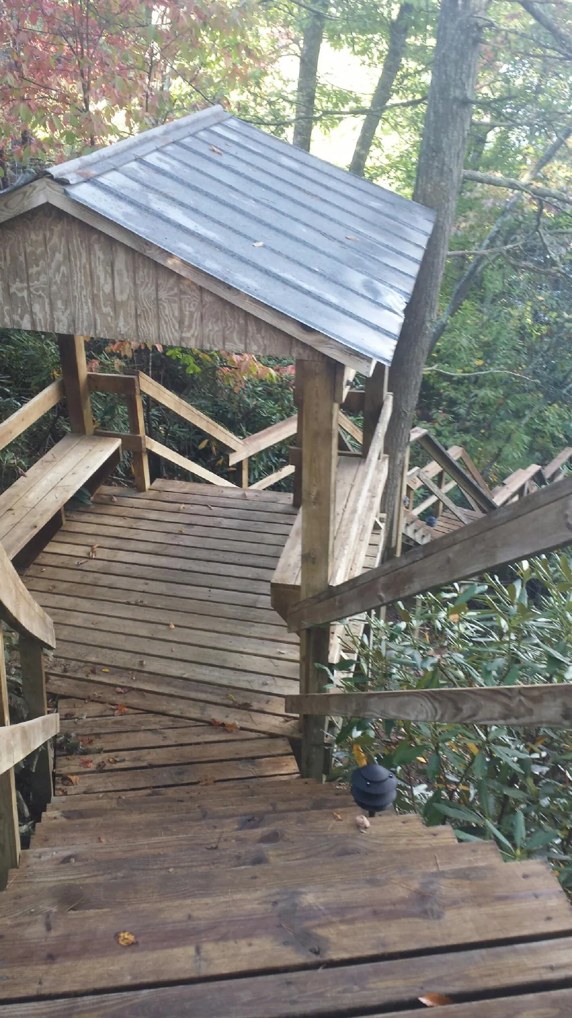Metal roofed shelter over wooden steps on a wooded walkway — Skylight Repair & Installation work by our crew in Rockton
